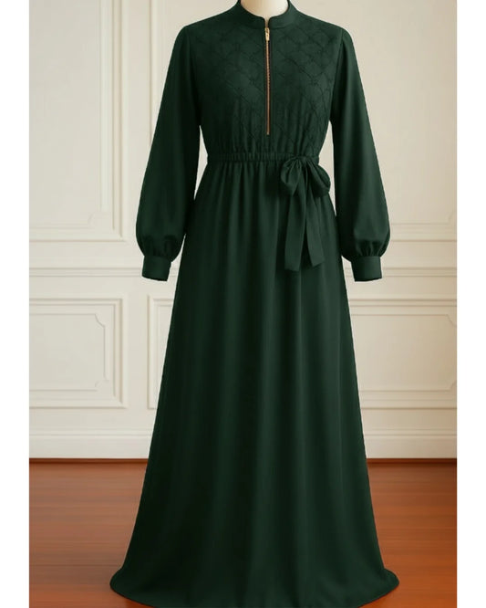 Beads And Stonework Nidha Abaya With Golden Zipper - Bottle Green