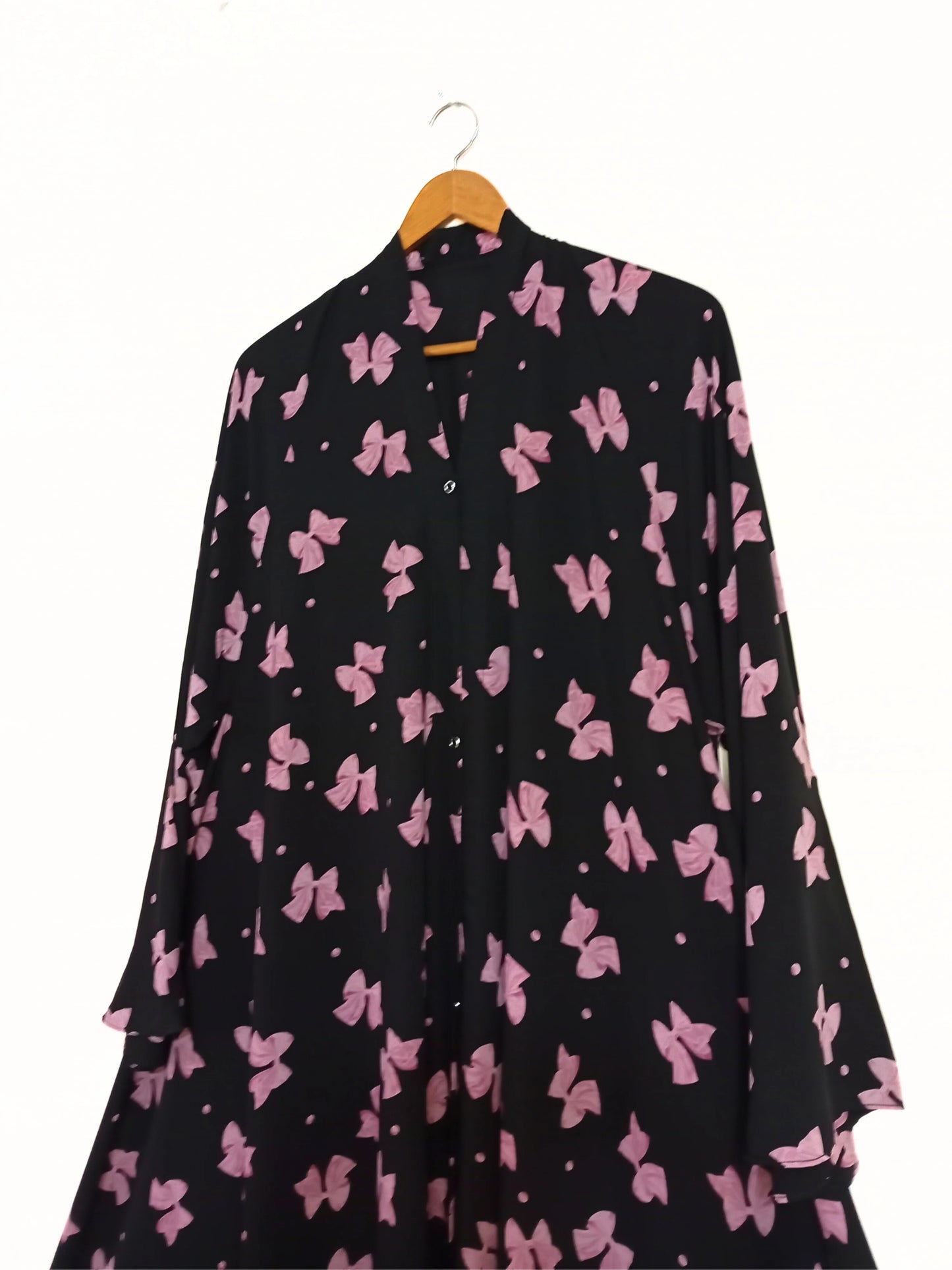 Printed Bow Front Open Long Flair Abaya