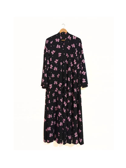 Printed Bow Front Open Long Flair Abaya