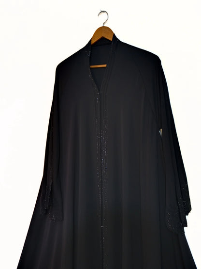Black  Front Open Laser Fabric Abaya With Stonework and Umbrella Sleeves