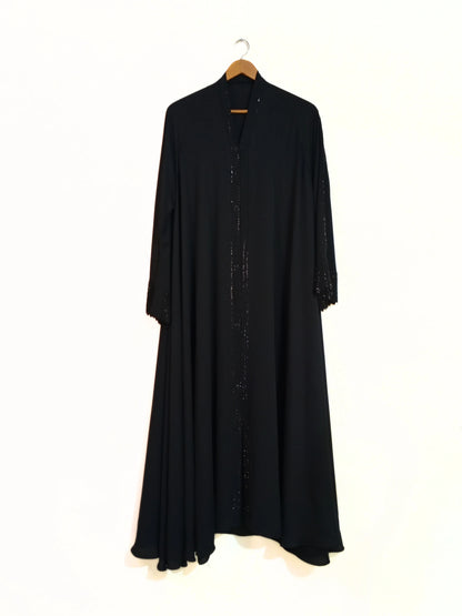 Black  Front Open Laser Fabric Abaya With Stonework and Umbrella Sleeves