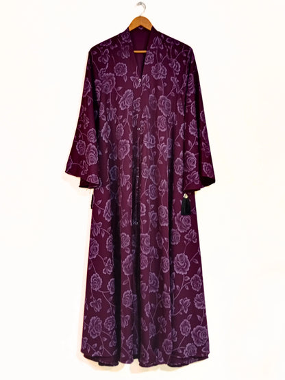 Plum Rose Front Open Printed Nidha Abaya