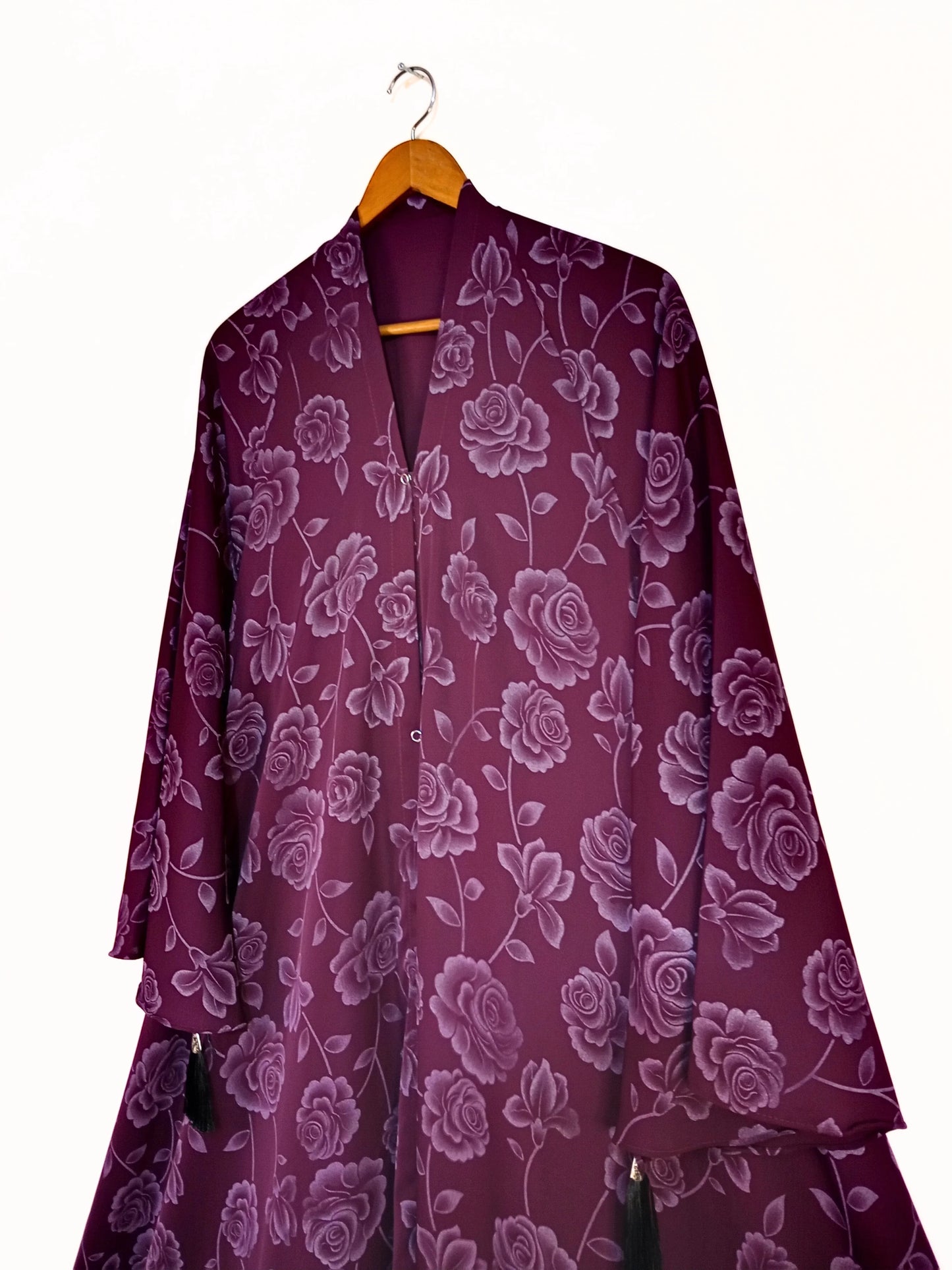 Plum Rose Front Open Printed Nidha Abaya