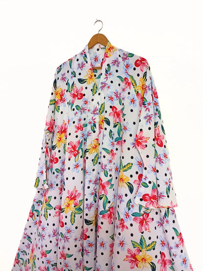 Tropical Polka Front Open Long Flair Abaya
