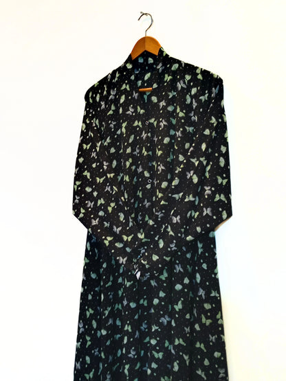 Midnight Butterfly Front Open Long Flair Abaya