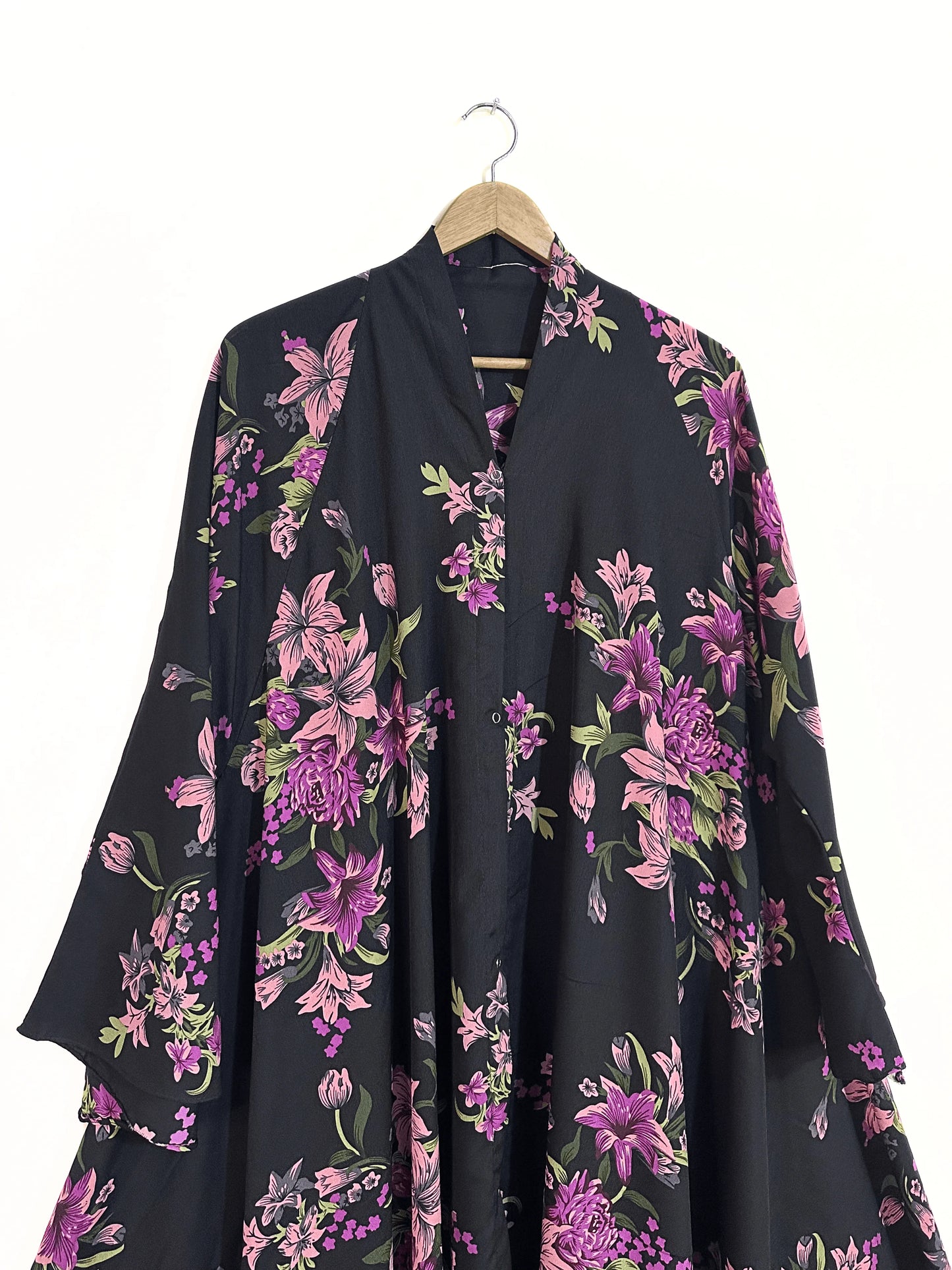 Pink Blossom Front Open Long Flare Abaya
