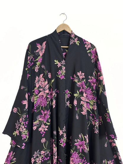 Pink Blossom Front Open Long Flare Abaya