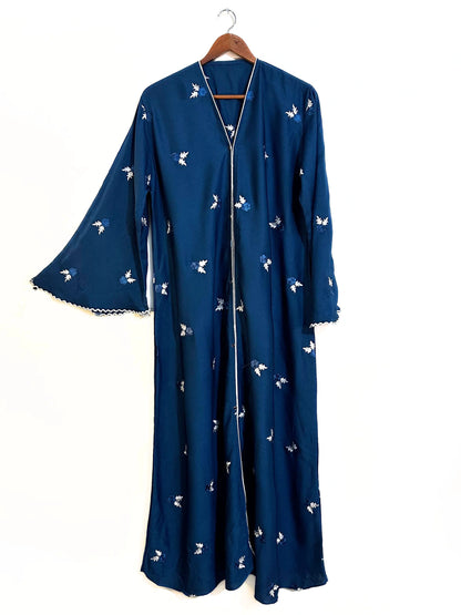 Blue Crinkle Nidha Front Open Abaya with Embroidery