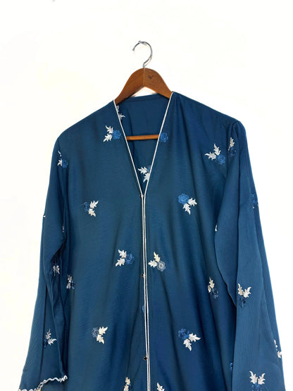 Blue Crinkle Nidha Front Open Abaya with Embroidery