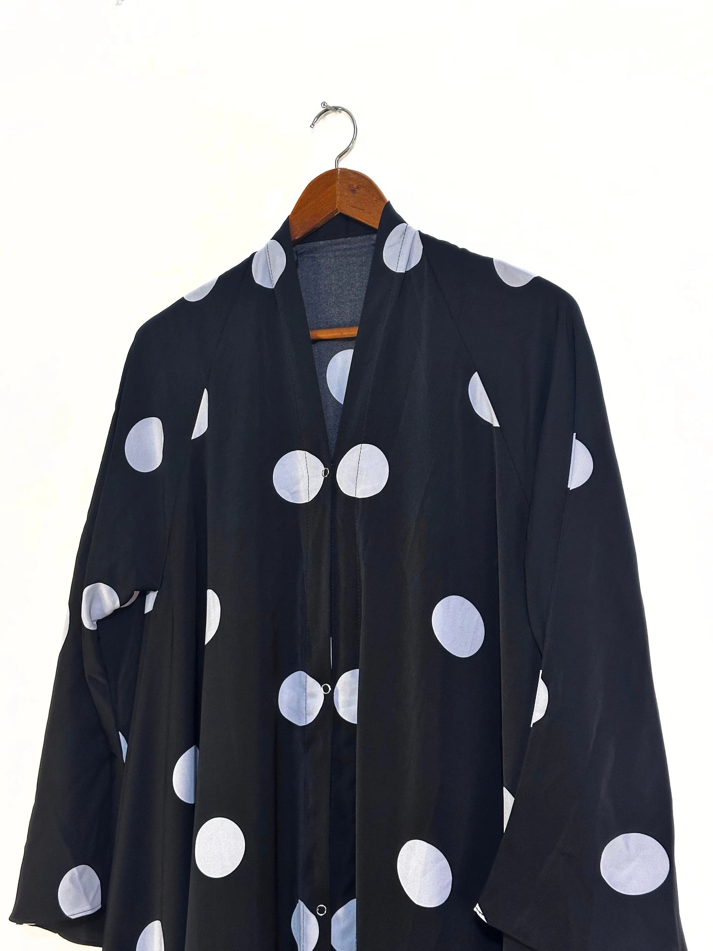 Crinkle Silk-Summer Black Long Flair Abaya with Polka Dots