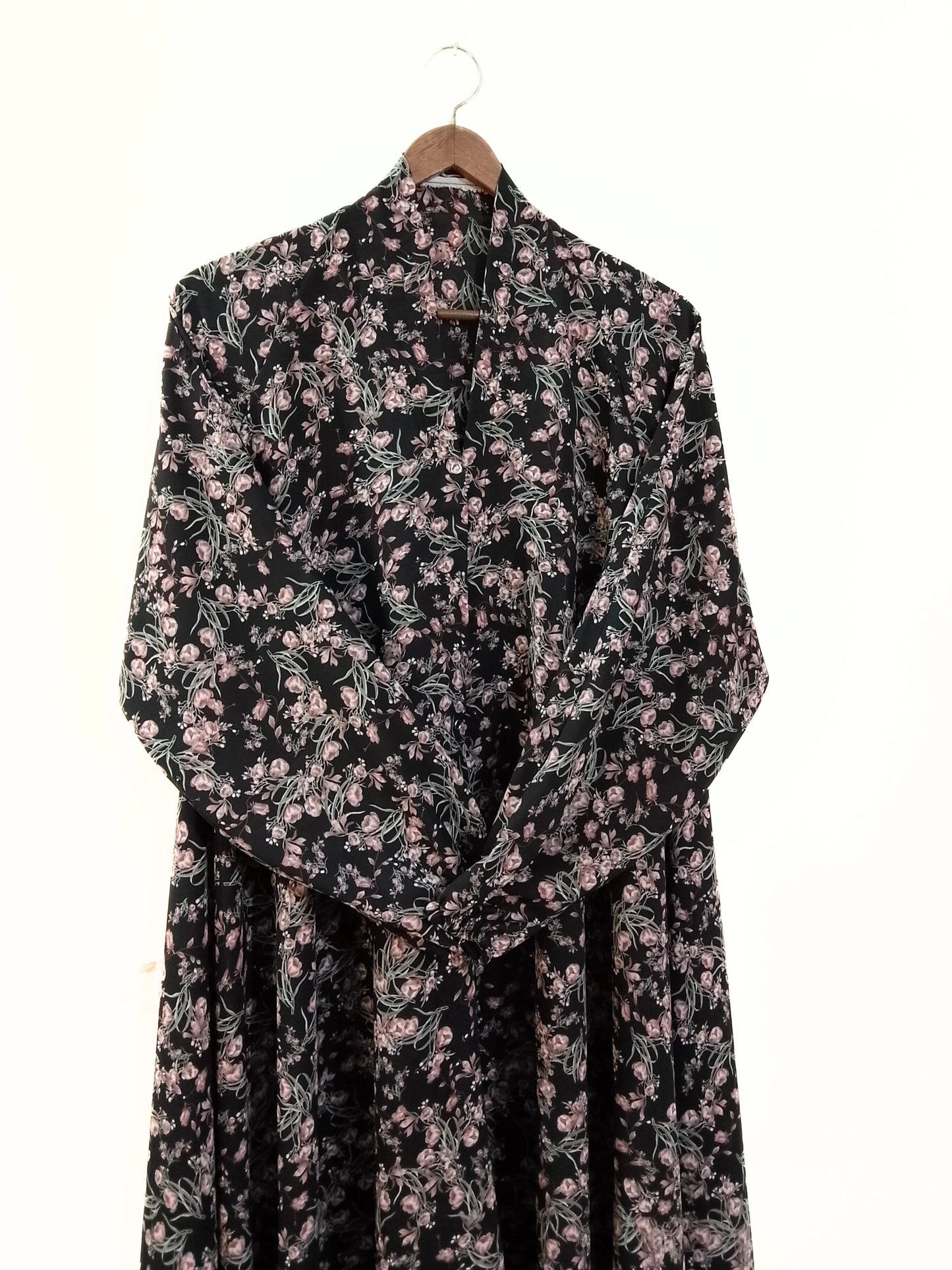Black Flower Print Front Open Long Flair Abaya
