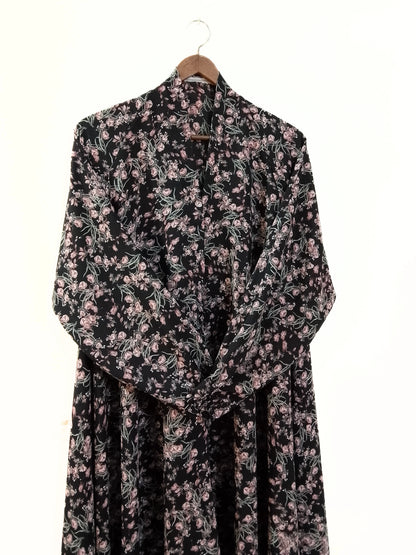 Black Flower Print Front Open Long Flair Abaya