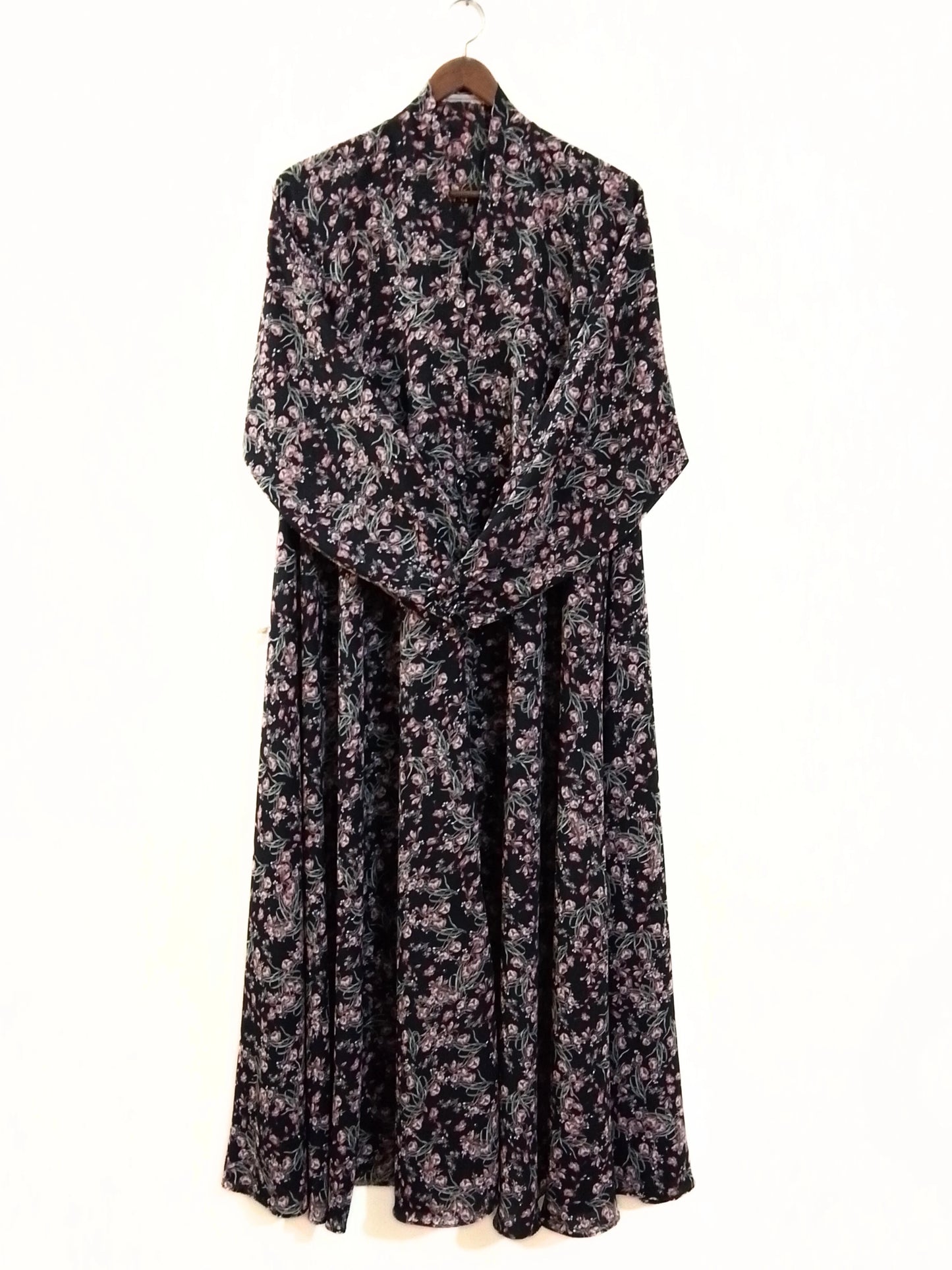 Black Flower Print Front Open Long Flair Abaya