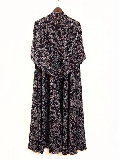 Black Flower Print Front Open Long Flair Abaya