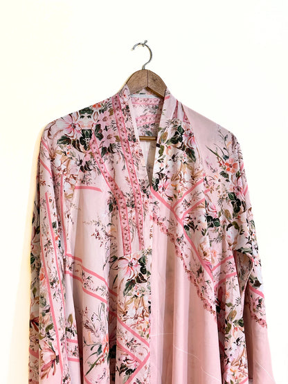 Pink Petals Front Open Long Flair Abaya