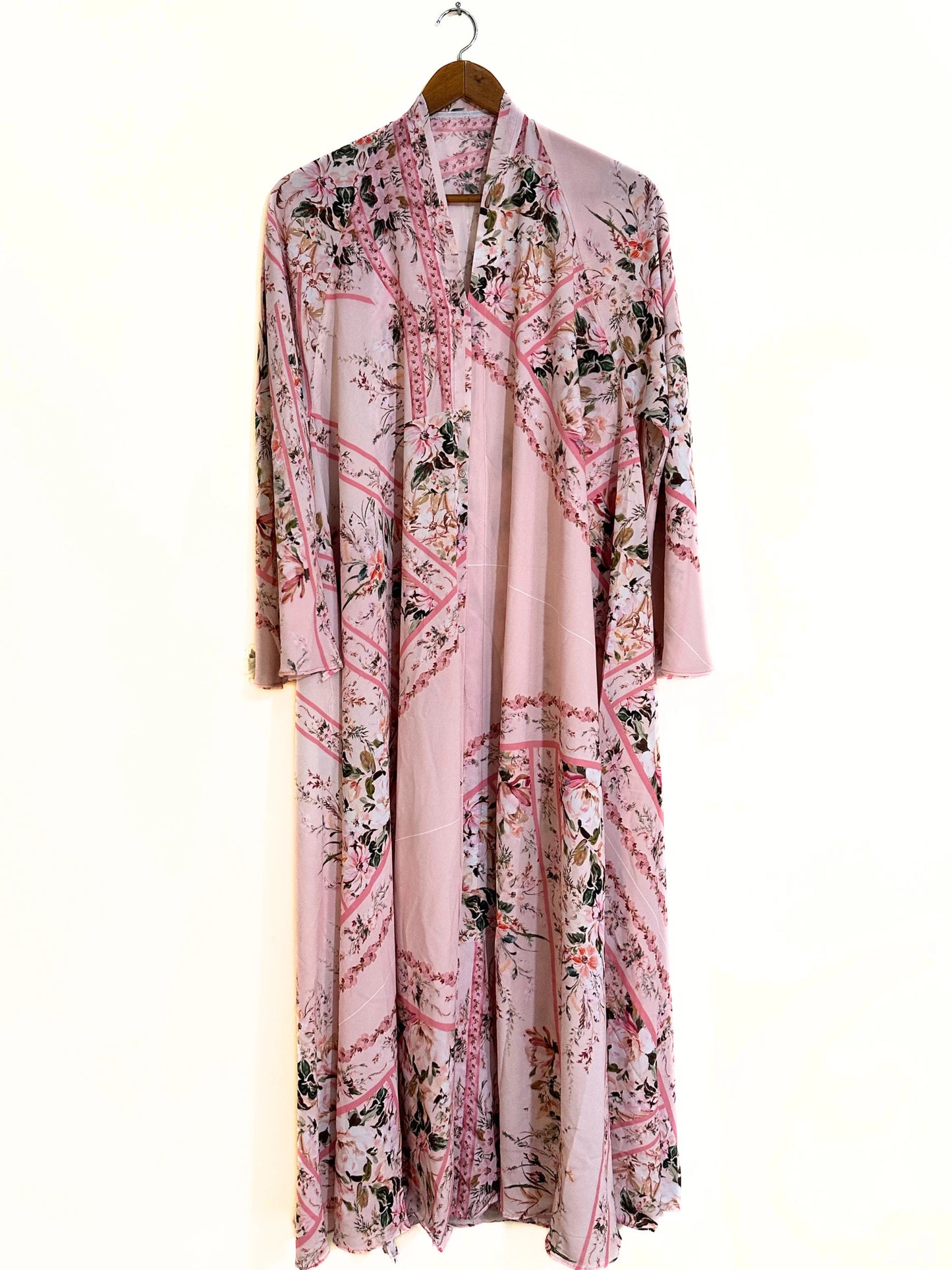 Pink Petals Front Open Long Flair Abaya
