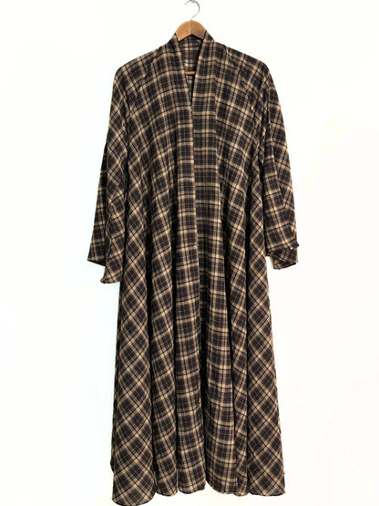 Brown Check Print Front Open Long Flair Abaya