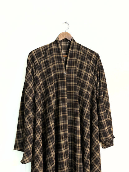Brown Check Print Front Open Long Flair Abaya