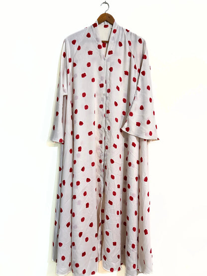 Cherry Dot Front Open Long Flair Crinkle Abaya