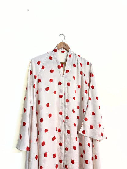 Cherry Dot Front Open Long Flair Crinkle Abaya