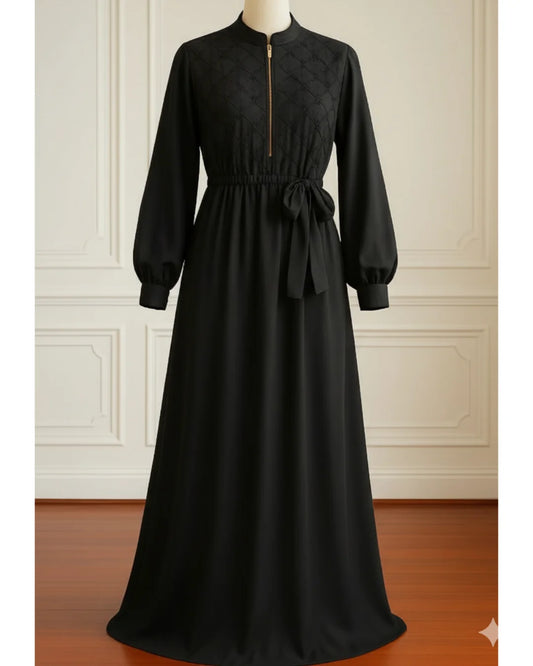 Beads And Stonework Nidha Abaya With Golden Zipper - Black