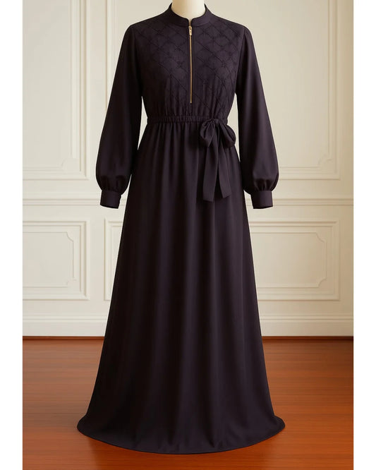 Beads And Stonework Nidha Abaya With Golden Zipper - Dark Purple