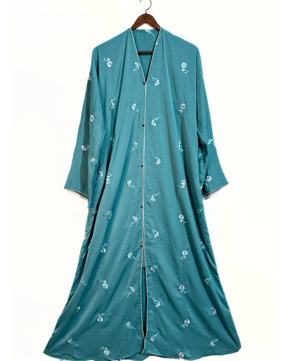 Sea Green Zoom Nidha Abaya With Floral Embroidery