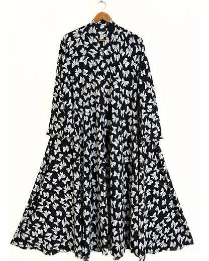 Black Bow Print Front Open Long Flair Abaya