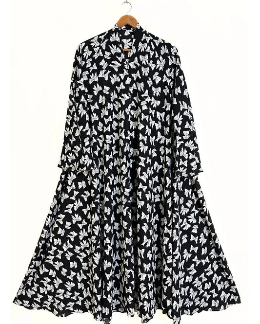 Black Bow Print Front Open Long Flair Abaya
