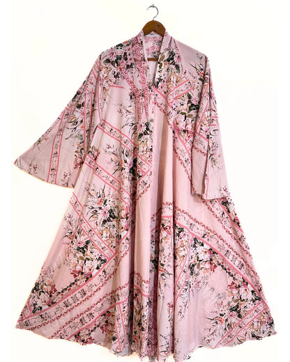 Pink Petals Front Open Long Flair Abaya