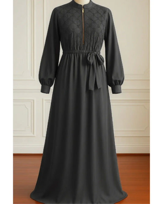 Beads And Stonework Nidha Abaya With Golden Zipper - Gray
