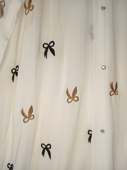 White Front Open Bow Embroidered Abaya