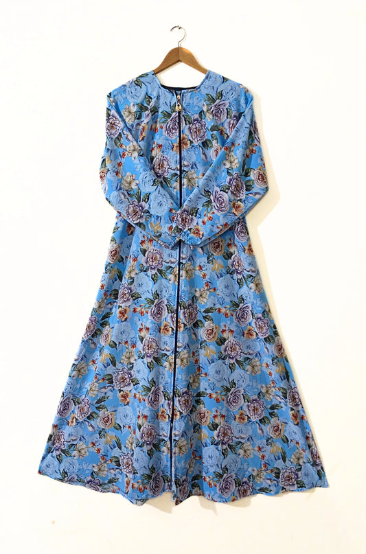 Sky Blue Floral Zipper Abaya