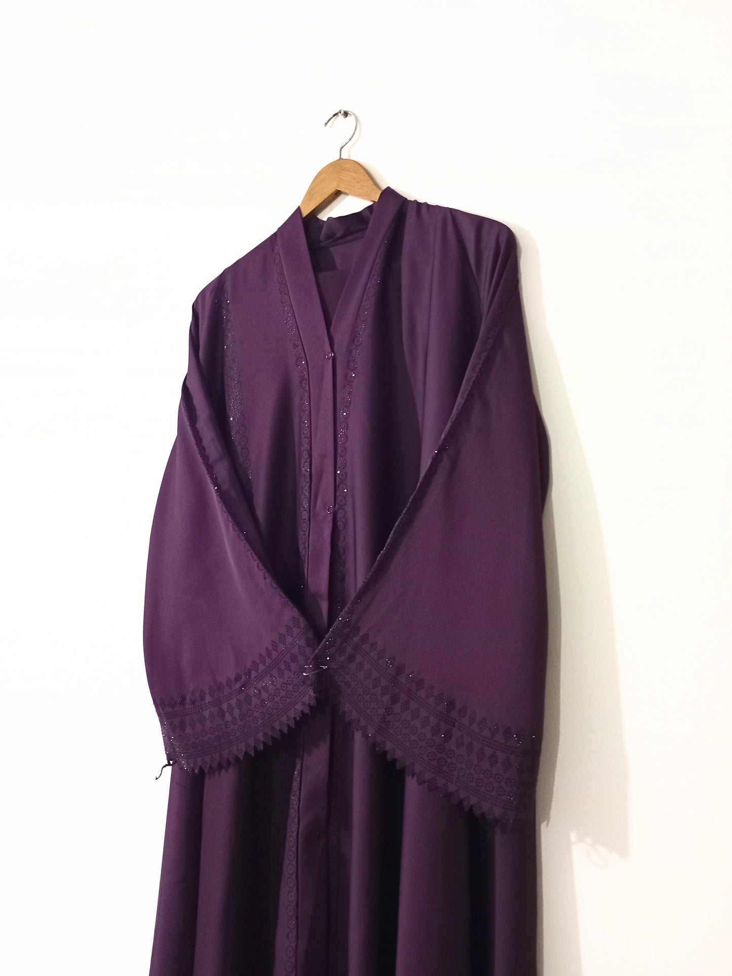 Matte Purple Front Open Abaya with Staller - Cutwork Sleeves