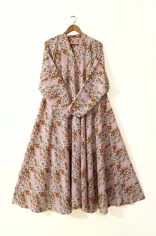 Soft Pink Printed Long Flair Abaya