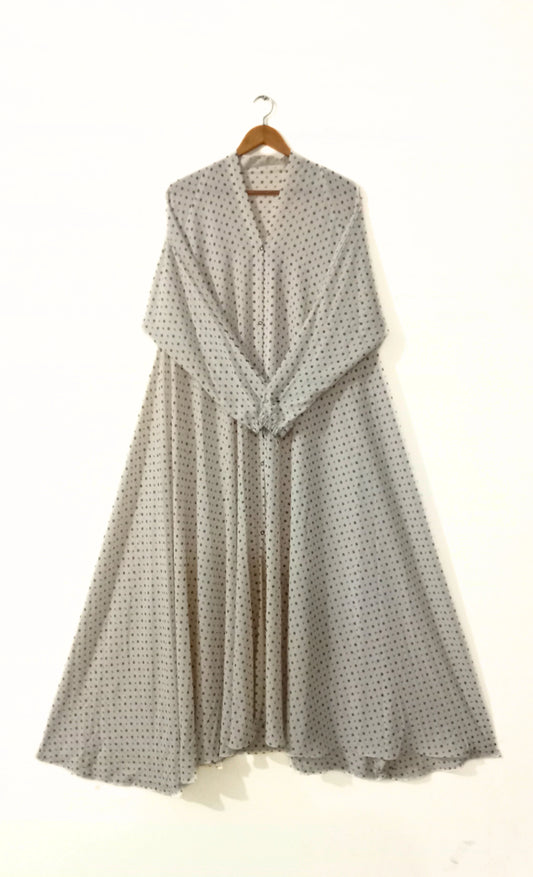 White Polka Dot Front Open Long Flair Abaya