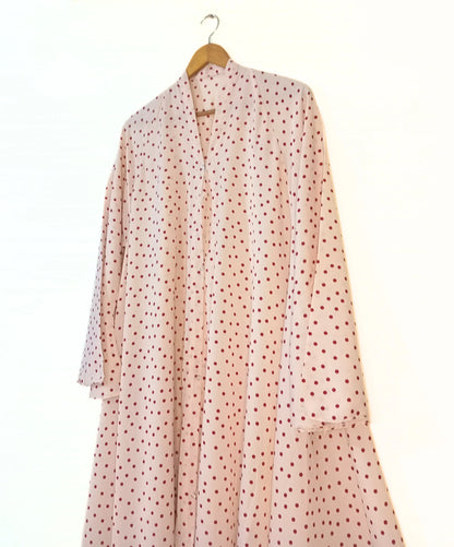 Cream Polka Dot Front Open Long Flair Abaya
