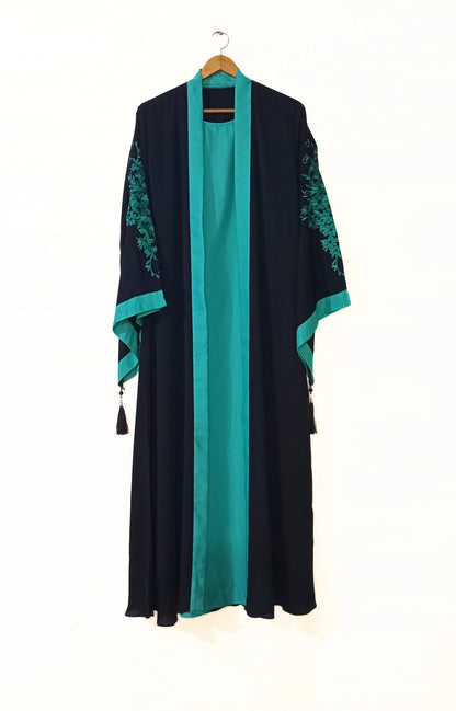 Embroidered Gown Abaya With Attached Inner-Blue