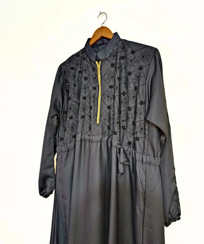 Beads And Stonework Nidha Abaya With Golden Zipper - Gray