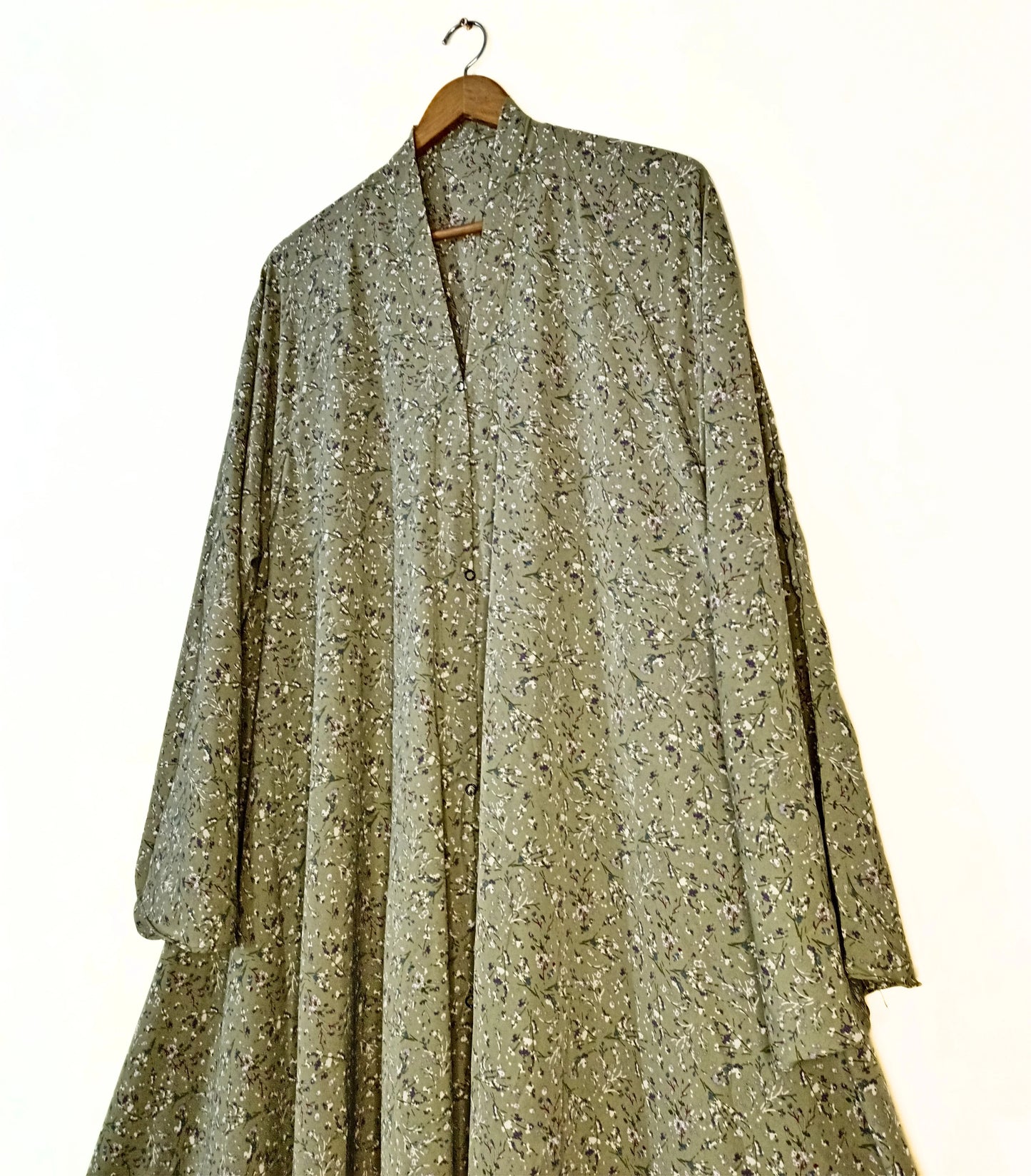 Olive Petals Front Open Long Flaired Abaya