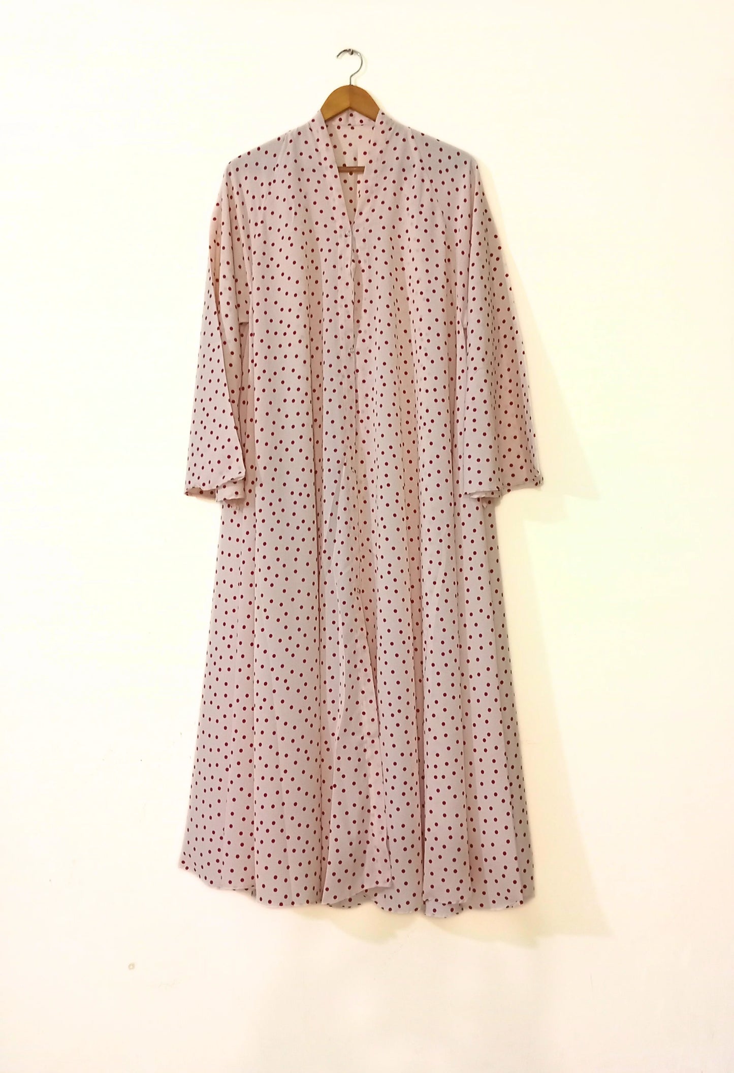 Cream Polka Dot Front Open Long Flair Abaya