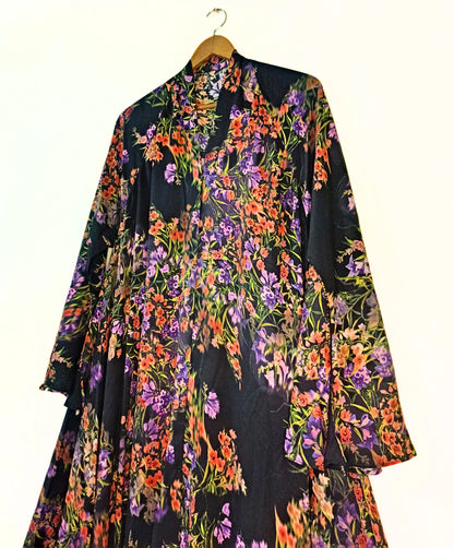 Black Garden Front Open Long Flair Abaya
