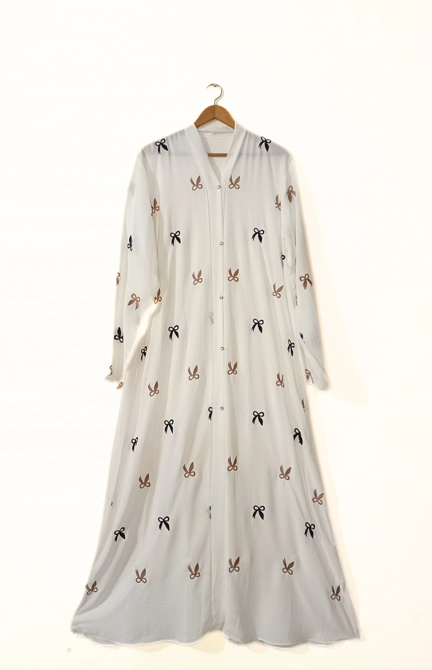 White Front Open Bow Embroidered Abaya