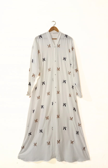 White Front Open Bow Embroidered Abaya