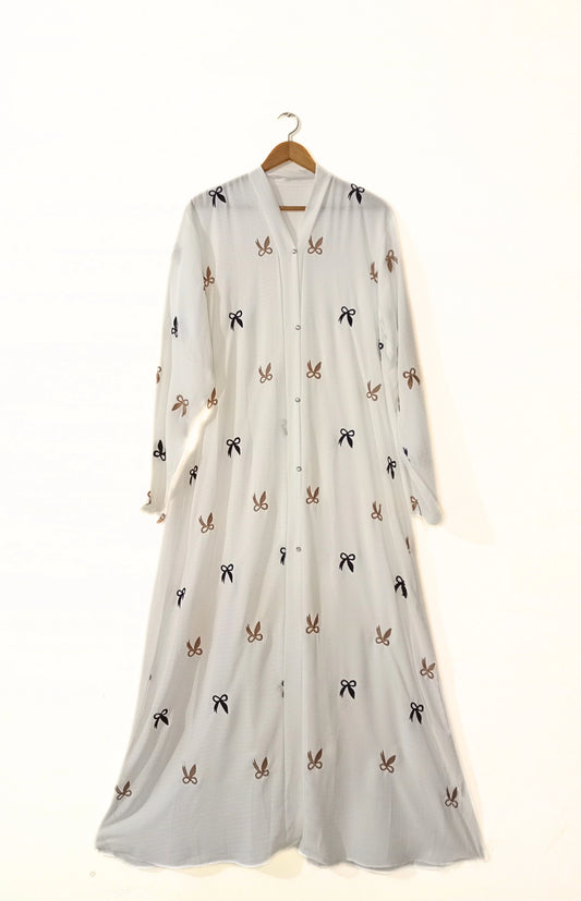 White Front Open Bow Embroidered Abaya