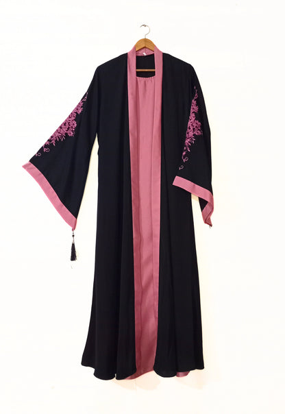 Embroidered Gown Abaya With Attached Inner-Pink