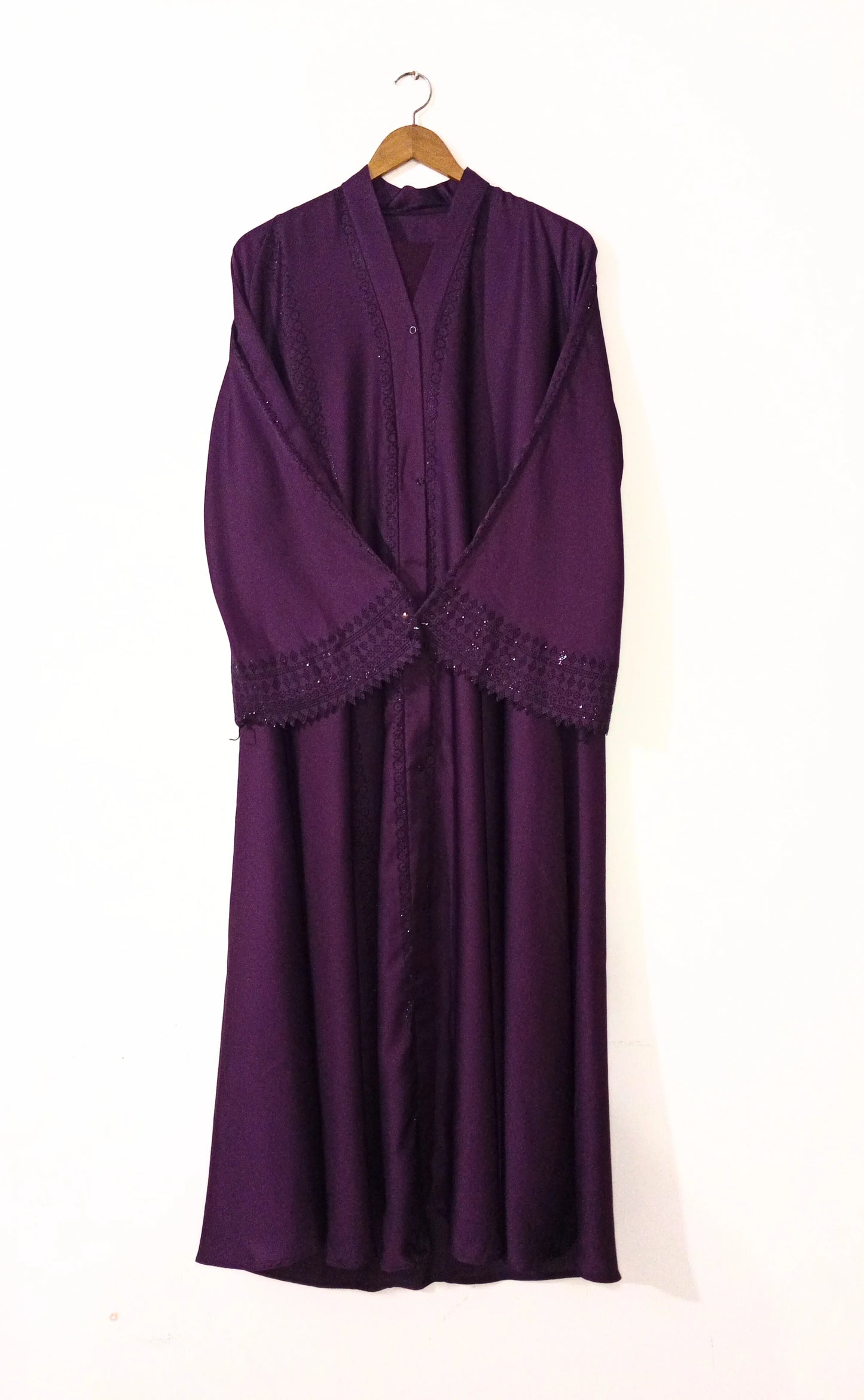 Matte Purple Front Open Abaya with Staller - Cutwork Sleeves