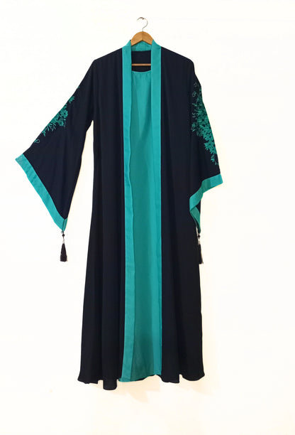 Embroidered Gown Abaya With Attached Inner-Blue