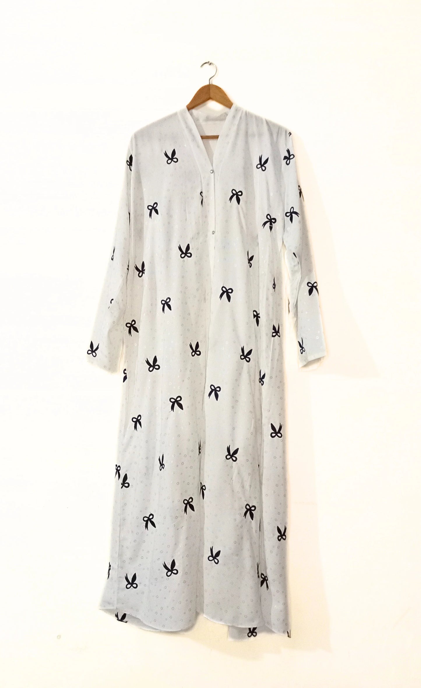 White Front Open Bow Embroidered Abaya With Golden Dots