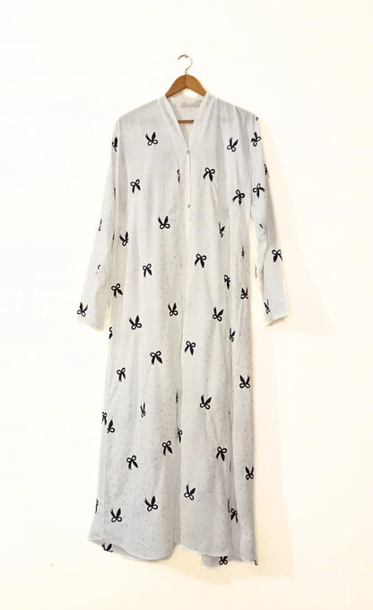 White Front Open Bow Embroidered Abaya With Golden Dots